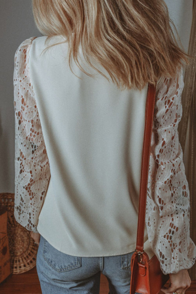 V Neck Lace Balloon Sleeve Blouse | Hanalas