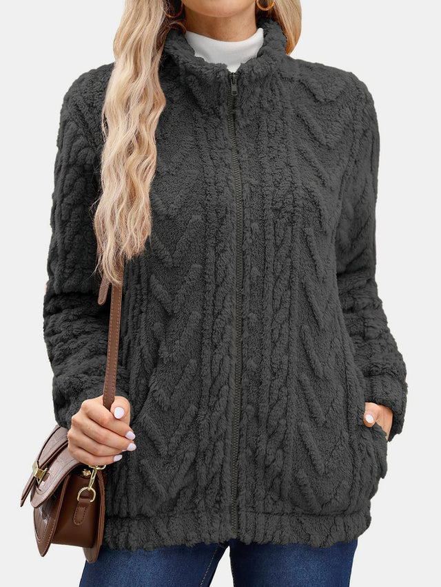 Fuzzy Zip Up Long Sleeve Jacket | Hanalas