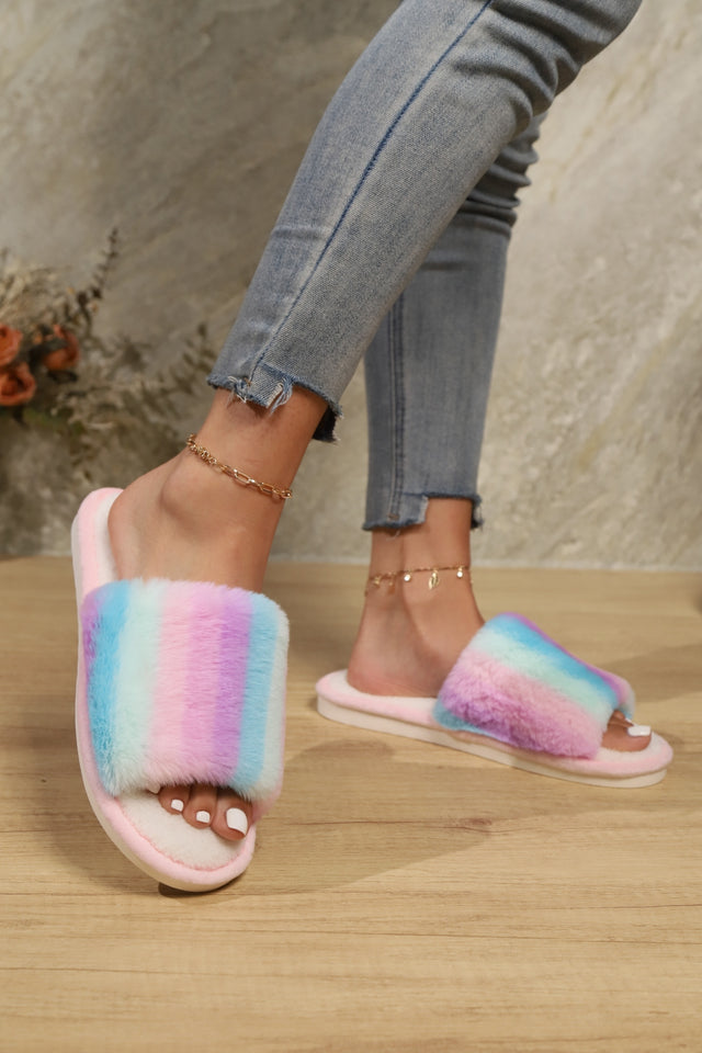 Color Block Open Toe Faux Fur PVC Slippers | Hanalas