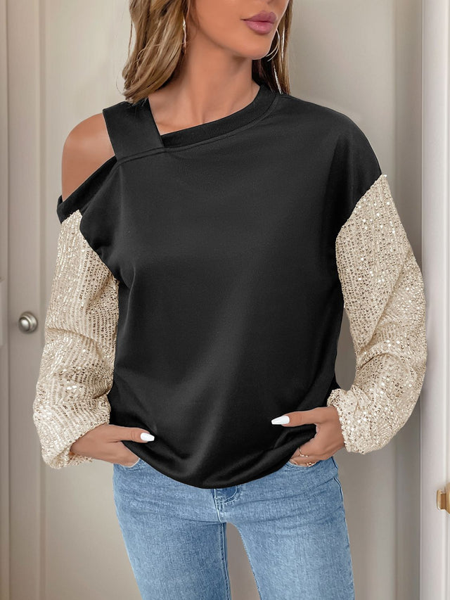 Perfee Sequin Asymmetrical Neck Long Sleeve Sweatshirt | Hanalas