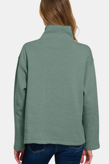 Zenana Turtleneck Half Snap Fleece Sweatshirt | Hanalas