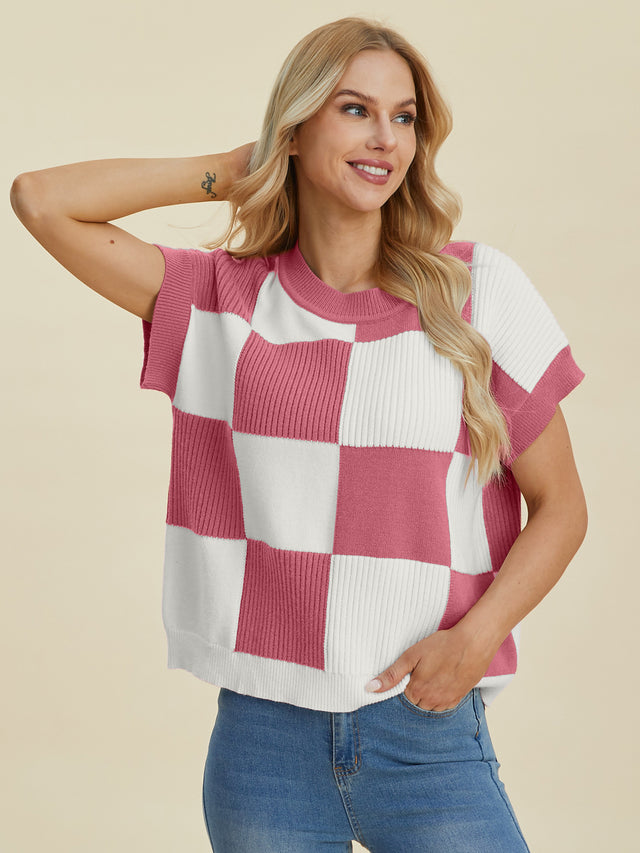 Double Take Full Size Checkered Round Neck Short Sleeve Sweater Trendsi Hanalas