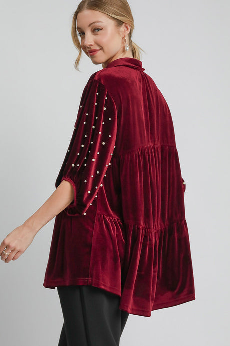 Umgee Pearl Detail Collared Neck Velvet Babydoll Blouse | Hanalas