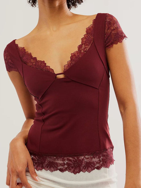 Lace Detail V-Neck Cap Sleeve Top | Hanalas