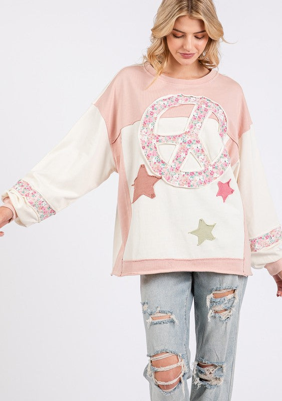 SAGE + FIG Peace & Star Patch Contrast Round Neck Sweatshirt | Hanalas