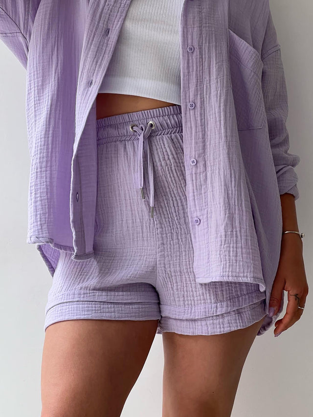 Texture Button Up Shirt and Drawstring Shorts Set | Hanalas