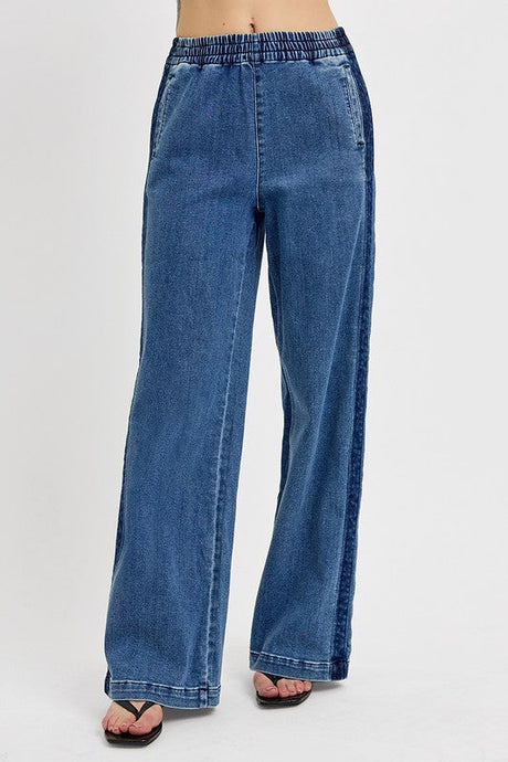 RISEN Full Size Elastic Waist Wide Leg Jeans Plus Size | Hanalas
