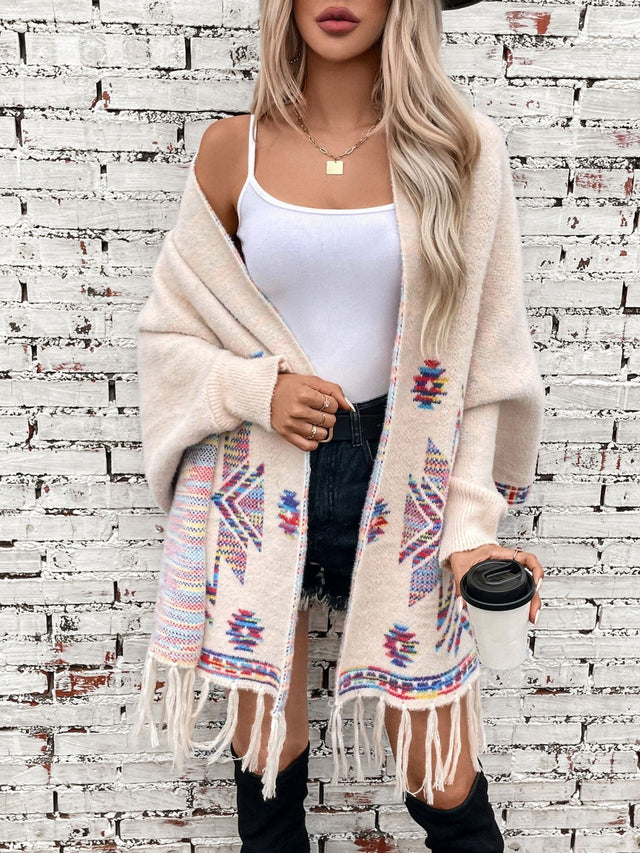 Fringe Geometric Open Front Long Sleeve Cape | Hanalas