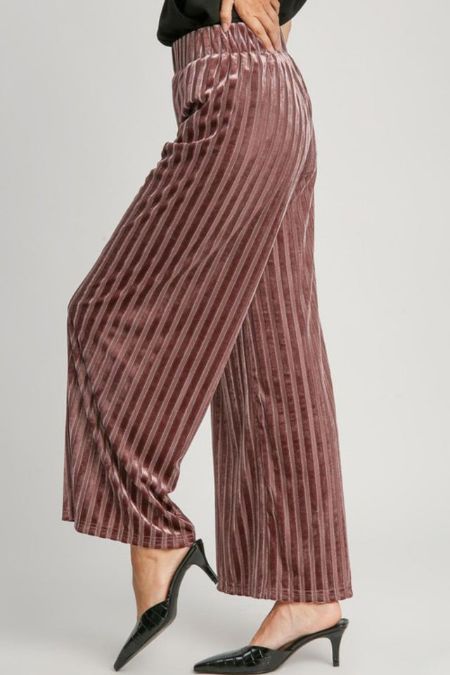 Umgee Full Size Elastic Waist Striped Wide Leg Velvet Pants | Hanalas