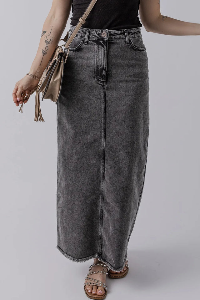 Raw Hem Midi Denim Skirt with Pockets Trendsi Hanalas