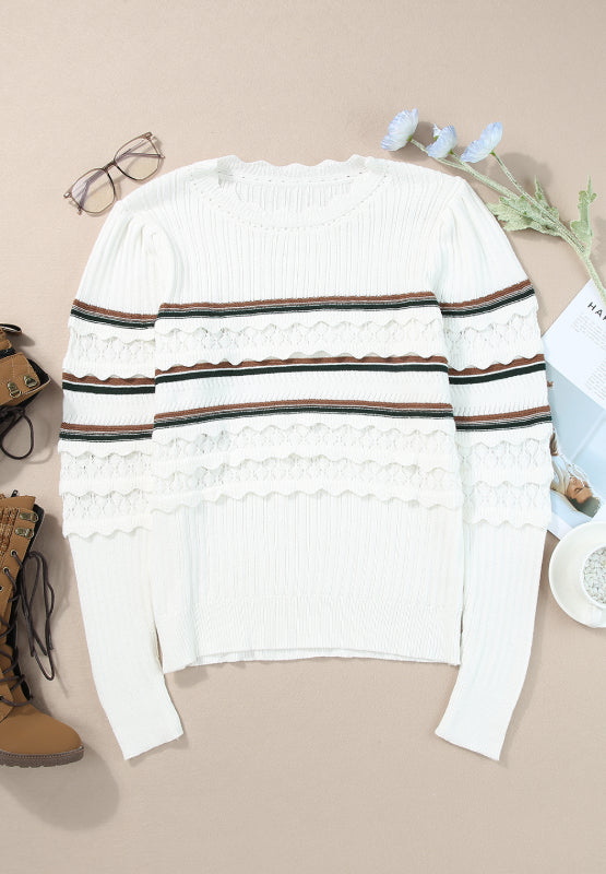 Striped Hollow Out Round Neck Long Sleeve Sweater | Hanalas