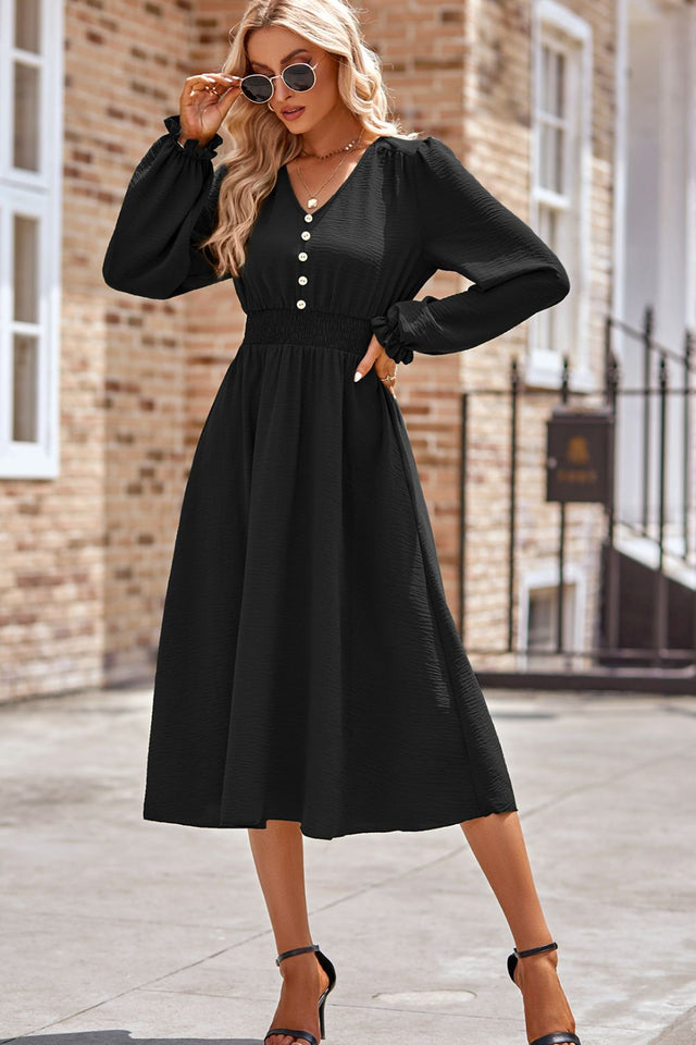 Smocked V-Neck Flounce Sleeve Midi Dress | Hanalas