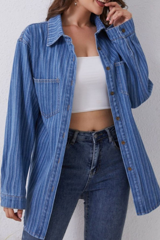 Striped Texture Collared Neck Denim Top Trendsi Hanalas