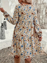 Ruffled Printed Round Neck Long Sleeve Dress