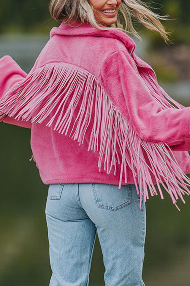 Fringed Zip Up Fleece Jacket | Hanalas