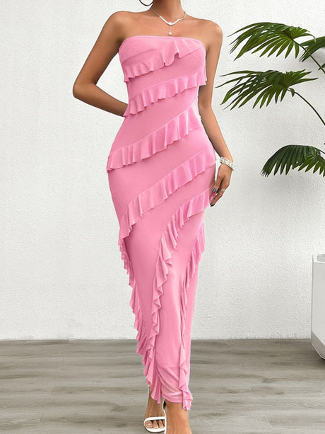 Devine Ruffled Slit Back Tube Maxi Dress | Hanalas