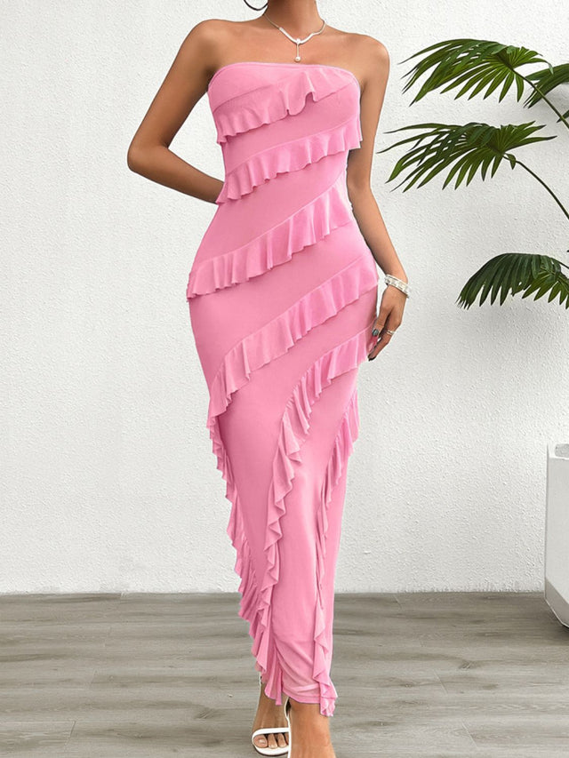 Devine Ruffled Slit Back Tube Maxi Dress | Hanalas