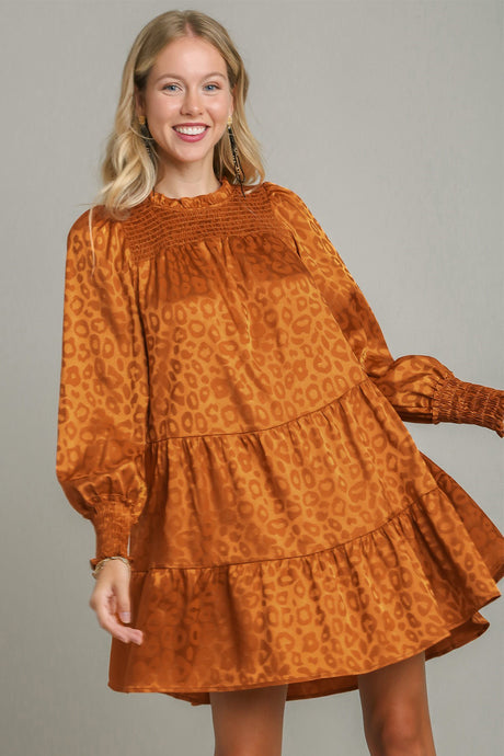 Umgee Smocked Leopard Long Sleeve Tiered Dress | Hanalas