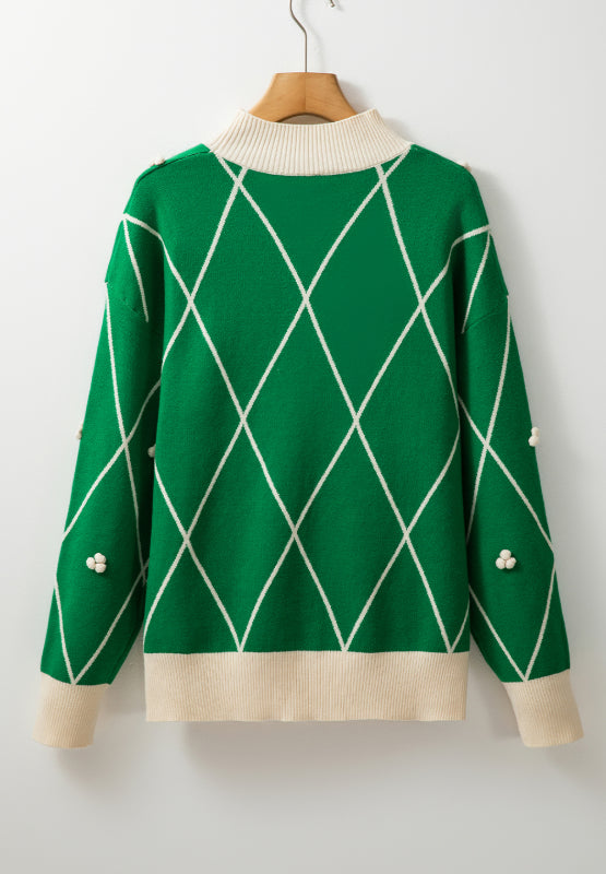 Diamond Pattern Contrast Trim Mock Neck Sweater | Hanalas