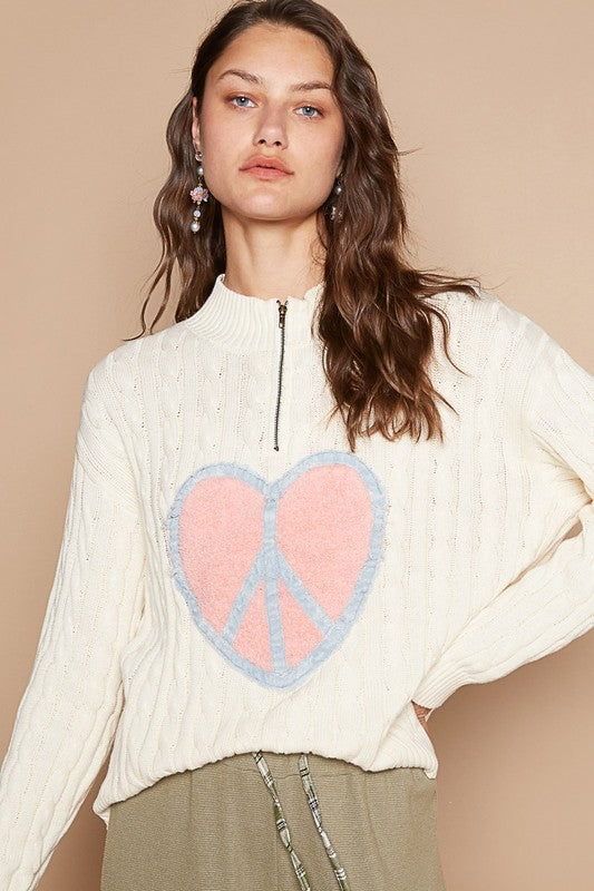 POL Cable-Knit Peace Patch Dropped Shoulder Sweater | Hanalas