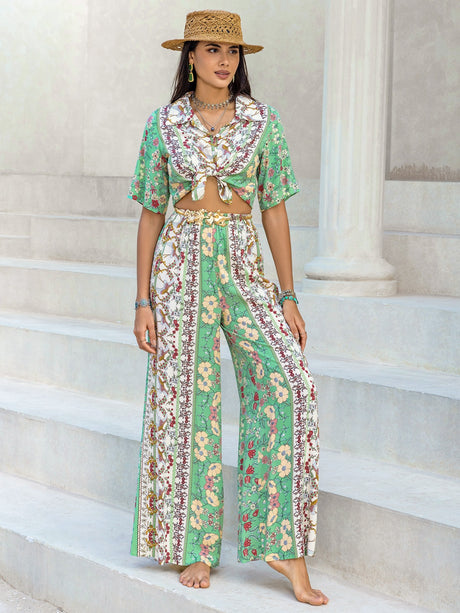 Printed Half Sleeve Top and Wide Leg Pants Set | Hanalas