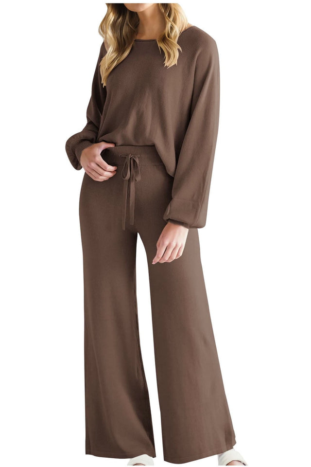 Round Neck Long Sleeve Top and Pants Set | Hanalas