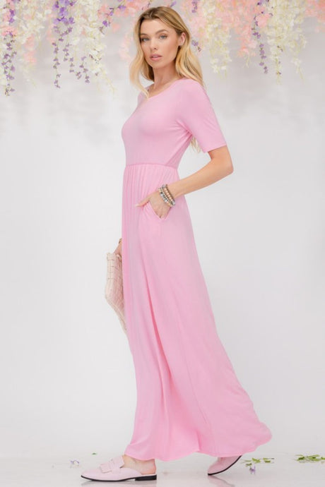 Celeste Plus Size Round Neck Short Sleeve Maxi Dress with Pockets | Hanalas
