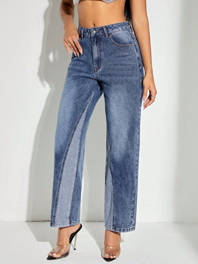 Contrast Patchwork Straight Jeans with Pockets Trendsi Hanalas