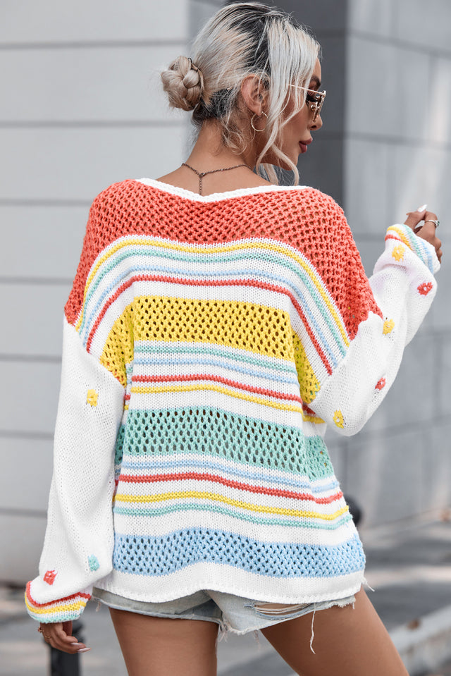 Hollow Striped Color Block Round Neck Sweater | Hanalas