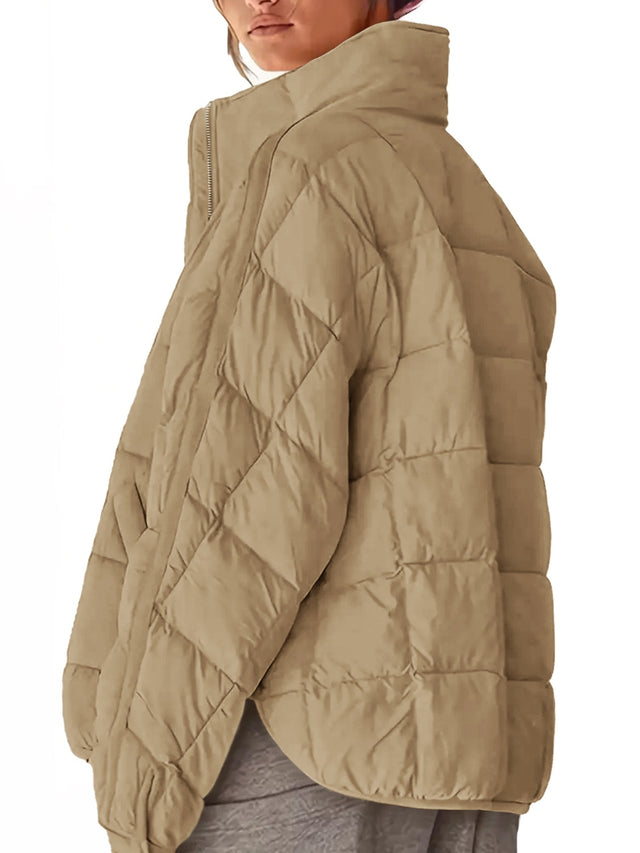 Pocketed Plaid Quilted Zip Up Winter Coat | Hanalas