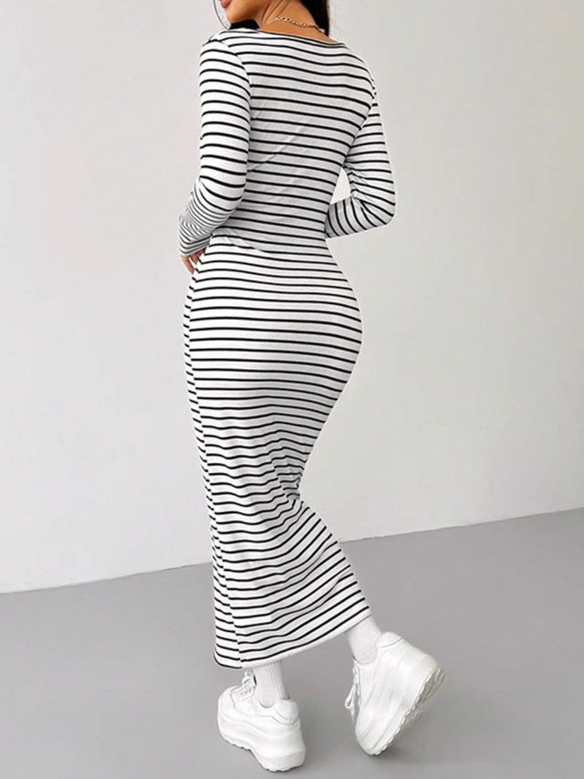 Striped Scoop Neck Long Sleeve Midi Tee Dress | Hanalas