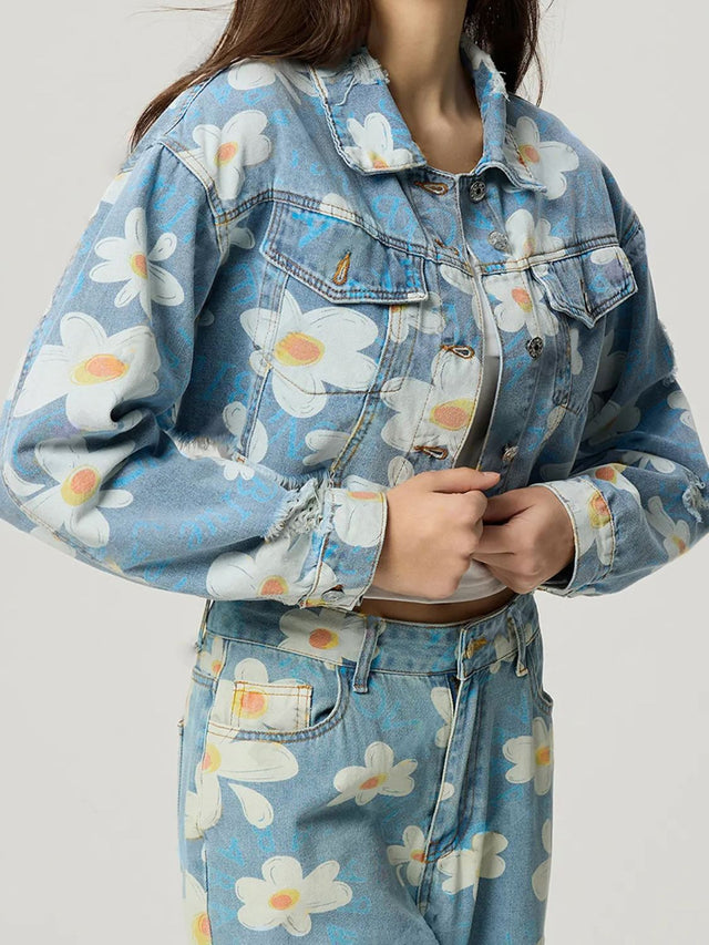 Distressed Raw Hem Floral Collared Neck Denim Top | Hanalas