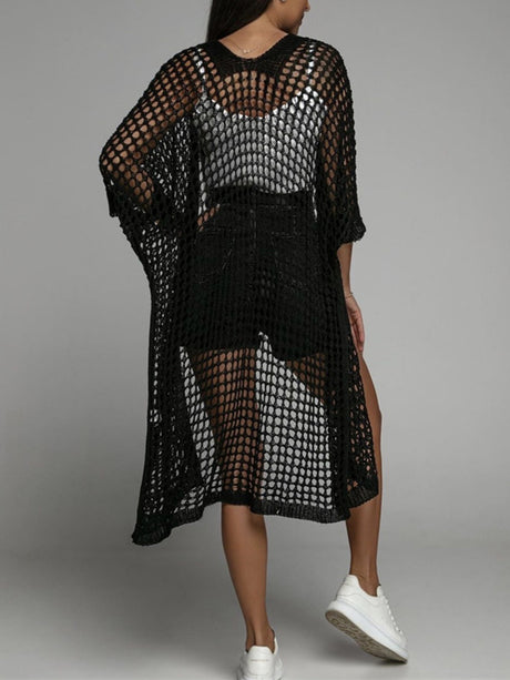 Openwork Open Front Three-Quarter Sleeve Cover Up | Hanalas