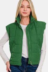 Zenana Zip Up Cropped Puffer Vest with Pockets