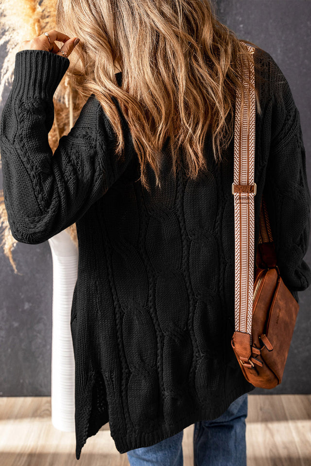 Cable-Knit Dropped Shoulder Slit Cardigan