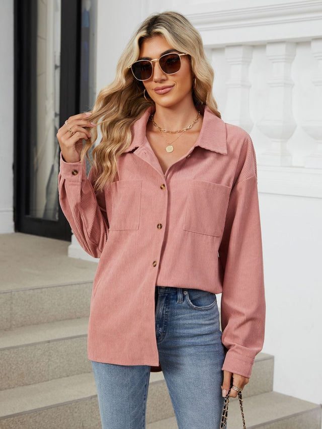 Button Up Long Sleeve Shirt with Breast Pockets Trendsi Hanalas