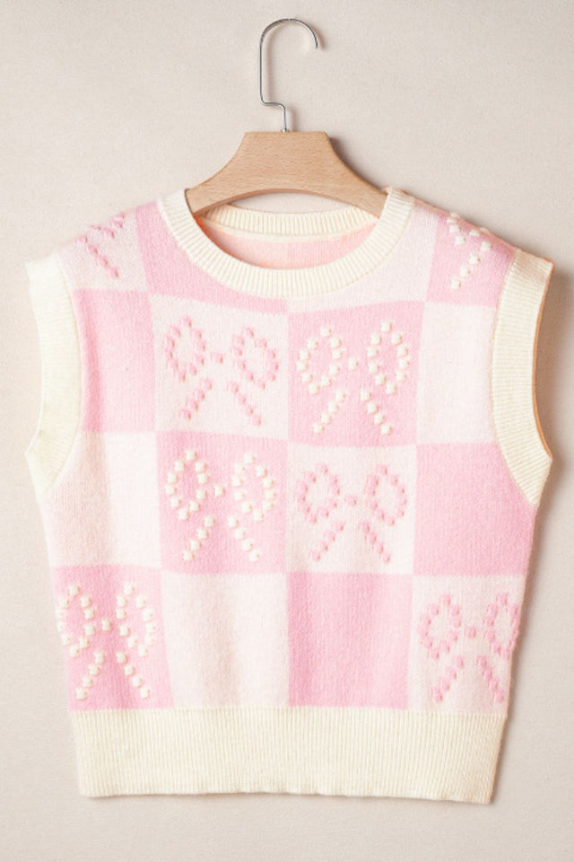 Bow Checkered Round Neck Sweater Vest Trendsi Hanalas