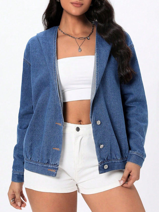 Button Up Hooded Denim Top Trendsi Hanalas