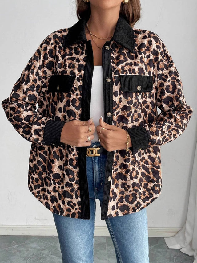 Leopard Collared Neck Button Up Shacket | Hanalas