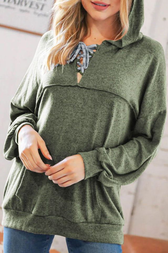 Lace Up Drop Shoulder Long Sleeve Hoodie | Hanalas