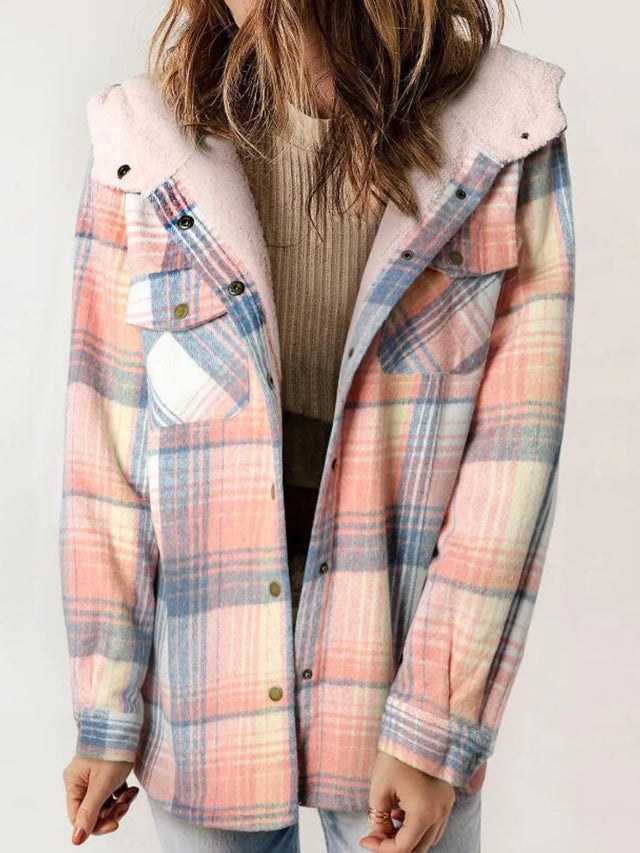 Plaid Snap Down Plush Hooded Jacket | Hanalas