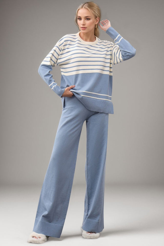 Basic Bae Striped Round Neck Long Sleeve Top and Pants Sweater Set Trendsi Hanalas