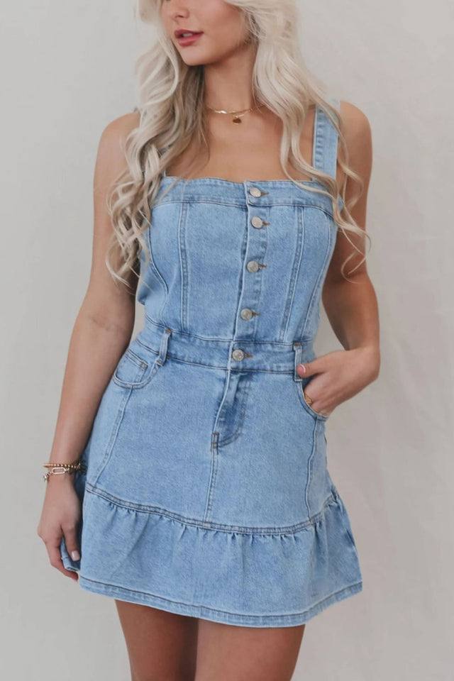 Ruffled Hem Button Front Square Neck Denim Dress | Hanalas