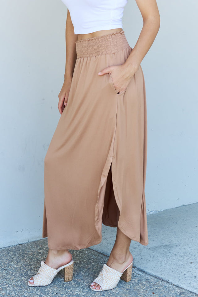 Doublju Comfort Princess Full Size High Waist Scoop Hem Maxi Skirt in Tan Trendsi Hanalas