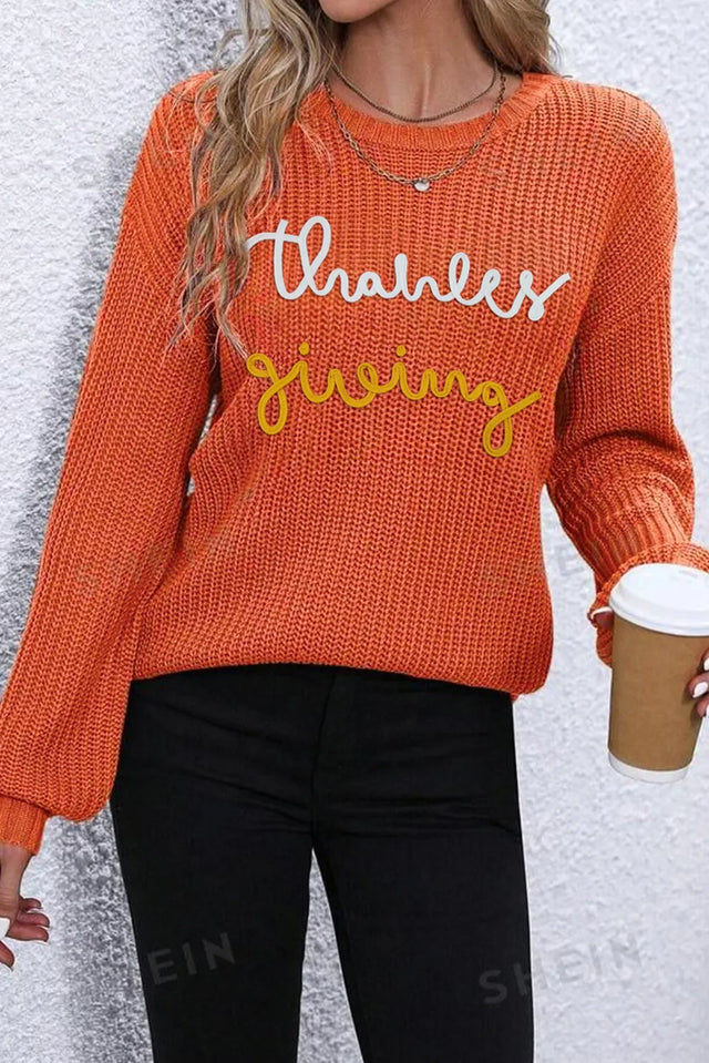 THANKSGIVING Round Neck Long Sleeve Sweater Trendsi Hanalas