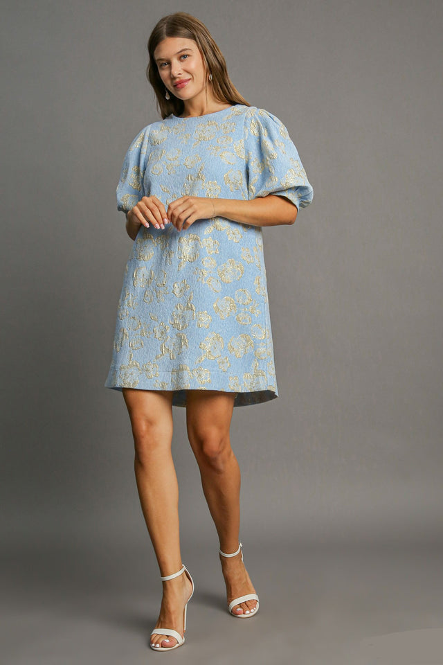 Umgee Floral Jacquard Puff Sleeve Mini Dress | Hanalas