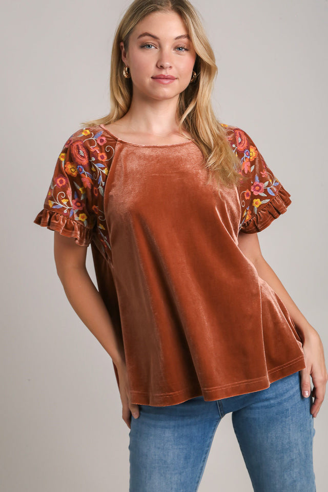 Umgee Velvet Embroidery Short Sleeve Blouse | Hanalas