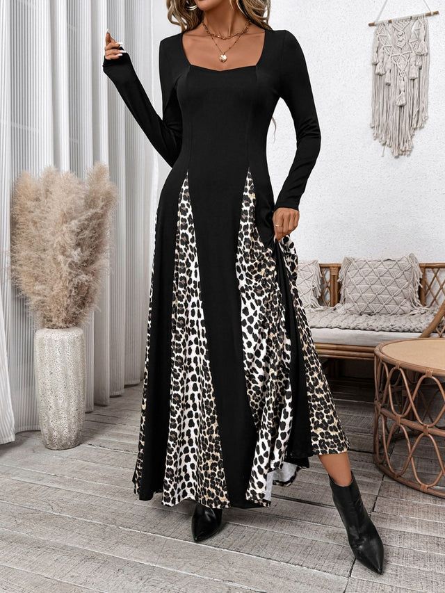 Perfee Leopard Square Neck Long Sleeve Maxi Dress | Hanalas