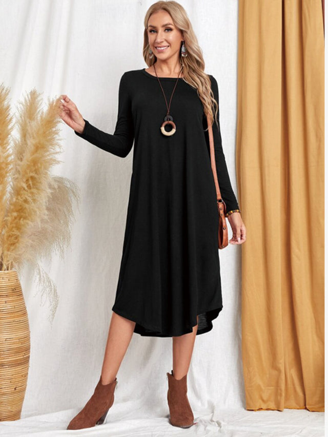 Pocketed Round Neck Long Sleeve Tee Dress - Hanalas