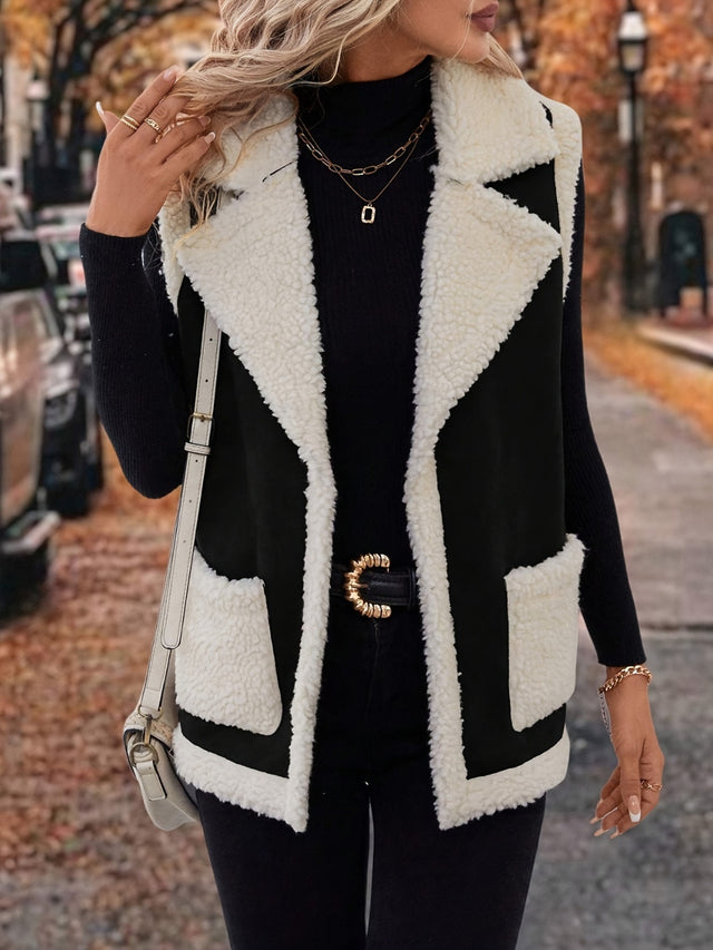 Full Size Contrast Open Front Sherpa Vest Coat | Hanalas